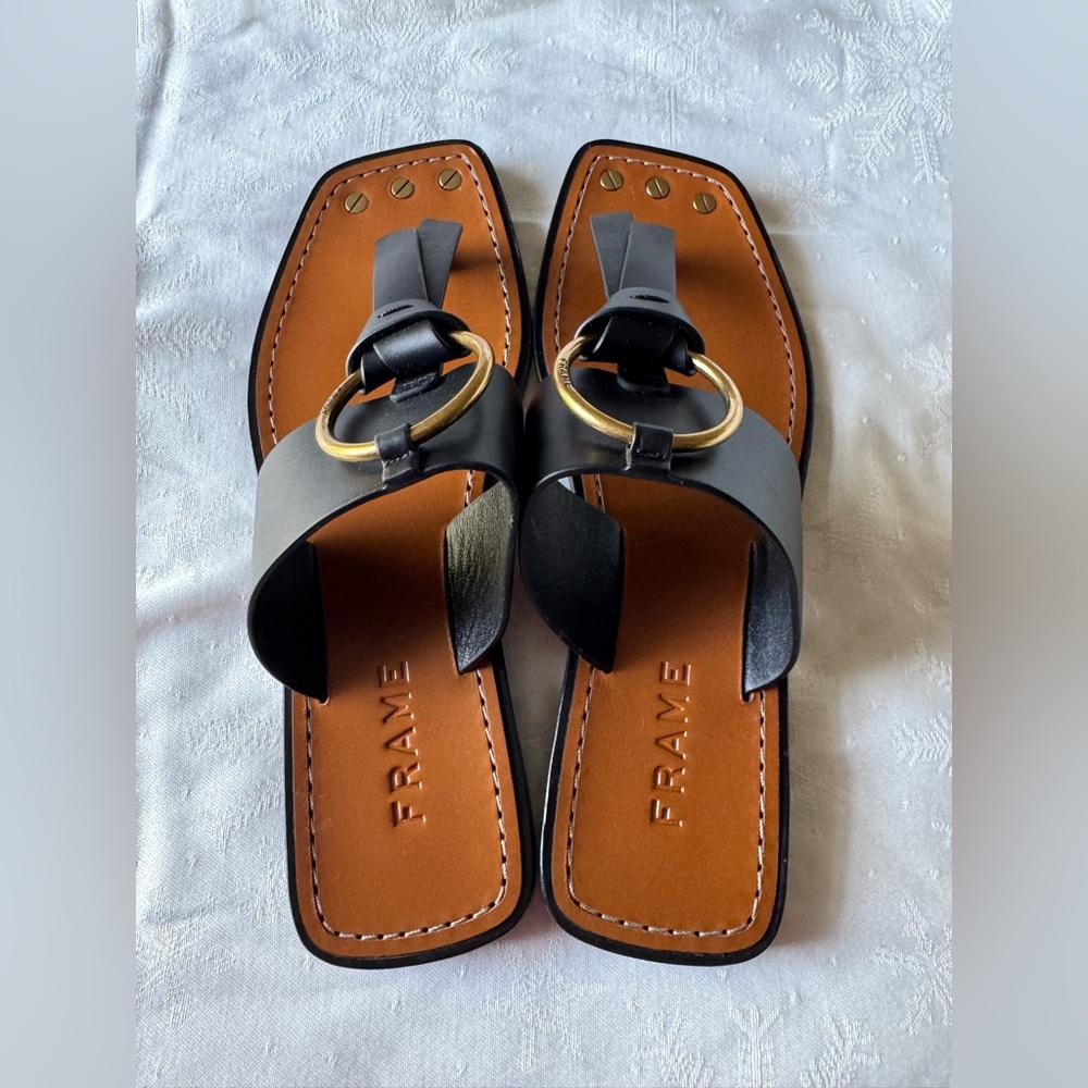 Black Leather Sandals with Gold Accents - Picture 2 of 13